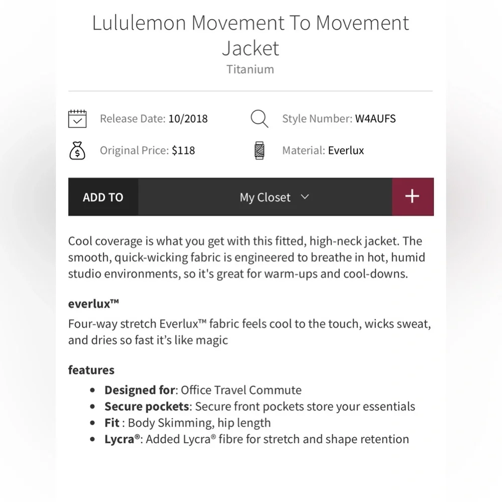 Lululemon Athletica Movement to Movement Jacket in Titanium- New With Tags - Picture 12 of 14